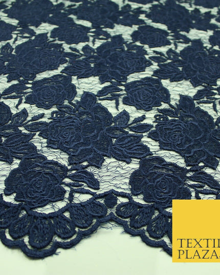 Ornate Floral Rose Scalloped Embroidered Webbed Net Lace Dress Fabric Wedding