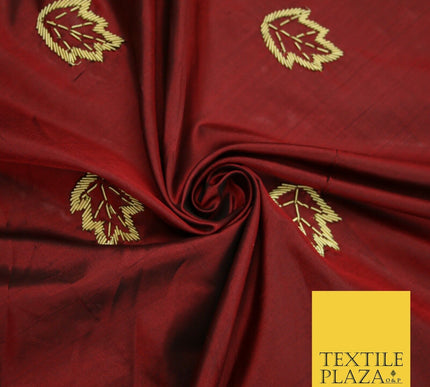 Maroon Red 100% Pure 2-Tone Silk Gold Zardozi Leaf Embroidery Indian Fabric 2522