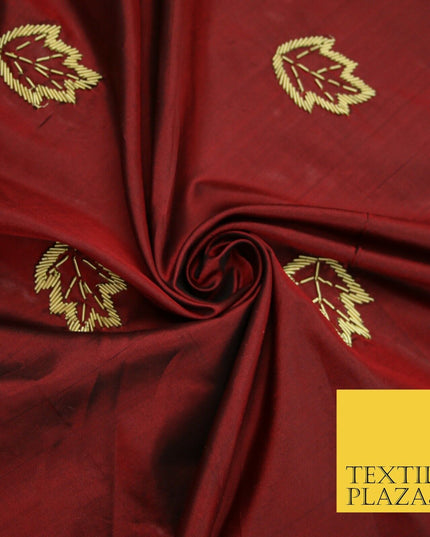 Maroon Red 100% Pure 2-Tone Silk Gold Zardozi Leaf Embroidery Indian Fabric 2522