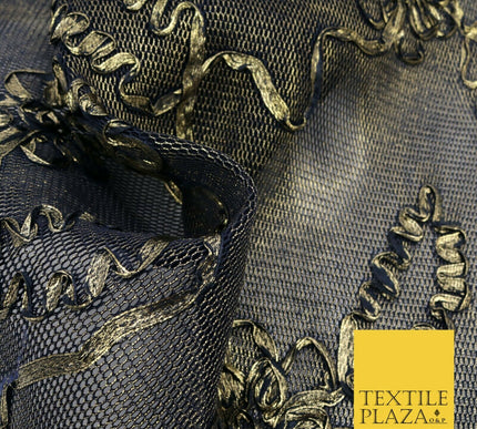 NAVY BLUE GOLD Floral Metallic Ribbon Sponge Net Fabric Scuba Craft Mesh 1474