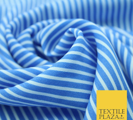 Denim Blue White Dusty Pink Striped Pinstripe Lines Polyester Crepe Dress Fabric