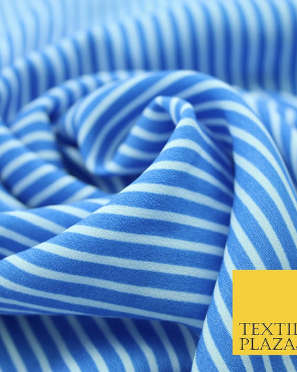 Denim Blue White Dusty Pink Striped Pinstripe Lines Polyester Crepe Dress Fabric