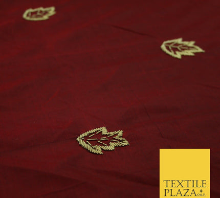 Maroon Red 100% Pure 2-Tone Silk Gold Zardozi Leaf Embroidery Indian Fabric 2522
