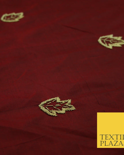 Maroon Red 100% Pure 2-Tone Silk Gold Zardozi Leaf Embroidery Indian Fabric 2522
