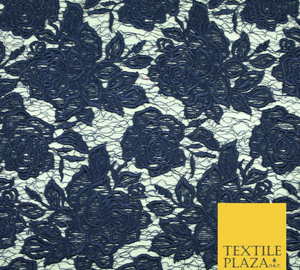 Ornate Floral Rose Scalloped Embroidered Webbed Net Lace Dress Fabric Wedding