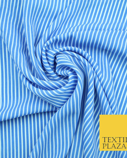 Denim Blue White Dusty Pink Striped Pinstripe Lines Polyester Crepe Dress Fabric