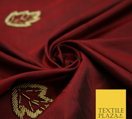 Maroon Red 100% Pure 2-Tone Silk Gold Zardozi Leaf Embroidery Indian Fabric 2522