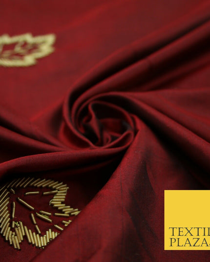 Maroon Red 100% Pure 2-Tone Silk Gold Zardozi Leaf Embroidery Indian Fabric 2522