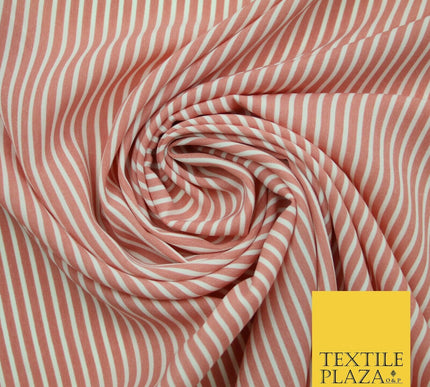 Denim Blue White Dusty Pink Striped Pinstripe Lines Polyester Crepe Dress Fabric