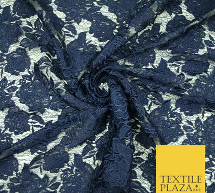 Ornate Floral Rose Scalloped Embroidered Webbed Net Lace Dress Fabric Wedding