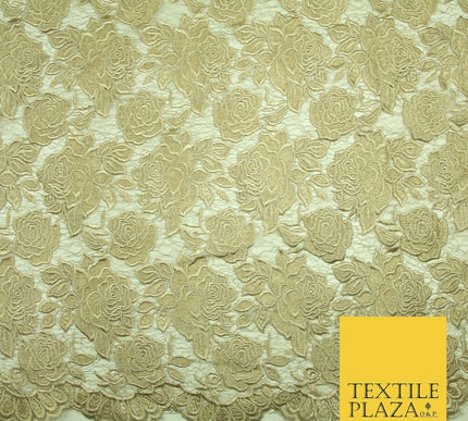 Ornate Floral Rose Scalloped Embroidered Webbed Net Lace Dress Fabric Wedding