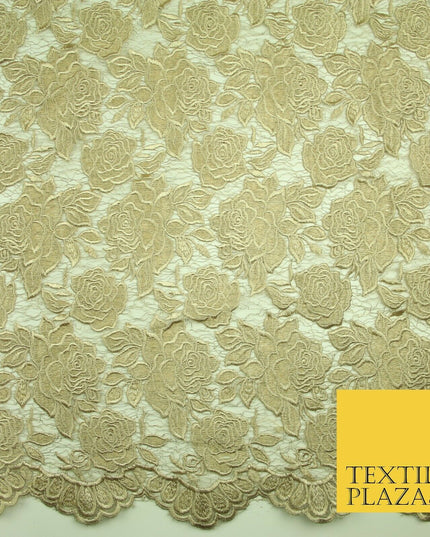 Ornate Floral Rose Scalloped Embroidered Webbed Net Lace Dress Fabric Wedding