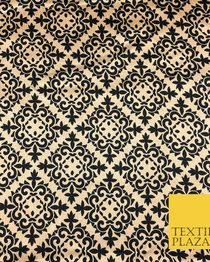 Gold Black Ornate Damask Printed Satin Dress Fabric Silky Trendy Craft 56" A1029