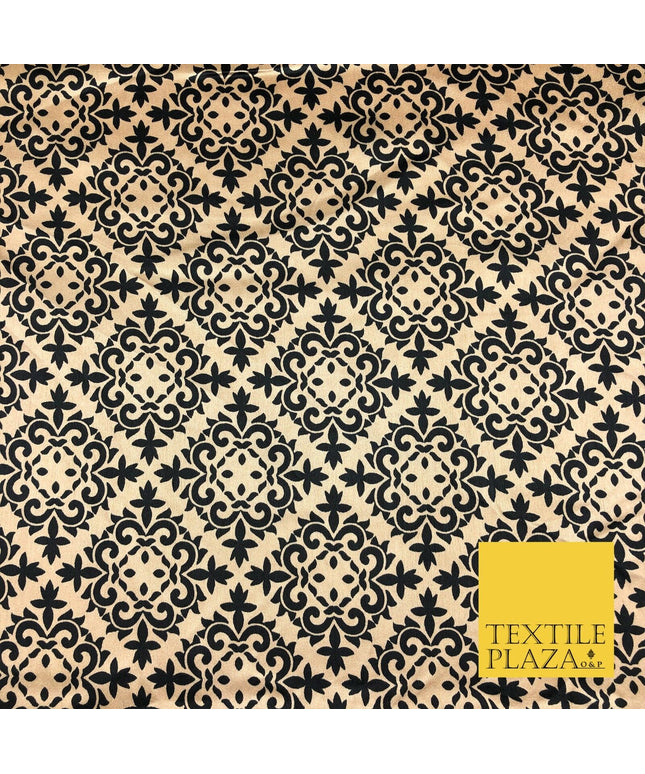 Gold Black Ornate Damask Printed Satin Dress Fabric Silky Trendy Craft 56" A1029