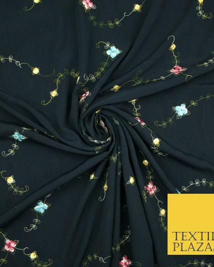 Navy Blue Multicolour Flowers Silky Threadwork Embroidered Peachskin Fabric 2831