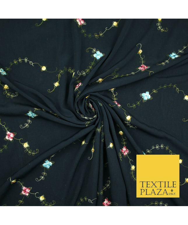 Navy Blue Multicolour Flowers Silky Threadwork Embroidered Peachskin Fabric 2831
