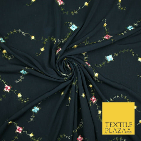 Navy Blue Multicolour Flowers Silky Threadwork Embroidered Peachskin Fabric 2831