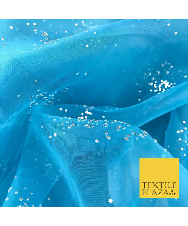 BLUE Premium Glitter Hologram Cluster Organza Fabric - Dress Flowy Decor QD916
