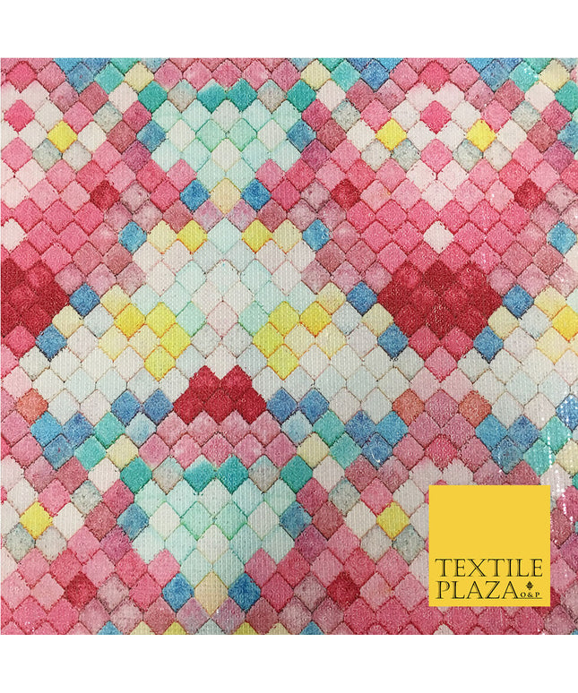 PREMIUM Digital Print Art Mosaic Tile All Over Sequin Fabric - Party Dress - 44"