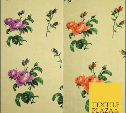 Large Rose Flower -  Summer Luxury 100% Printed Cream Floral Cotton Linen Fabric