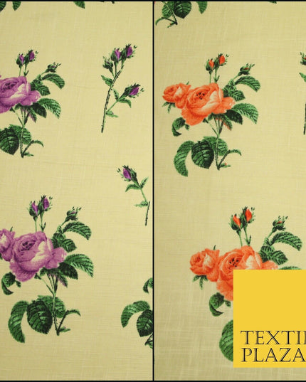Large Rose Flower -  Summer Luxury 100% Printed Cream Floral Cotton Linen Fabric