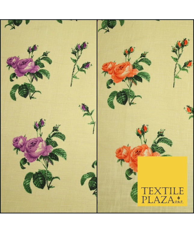 Large Rose Flower -  Summer Luxury 100% Printed Cream Floral Cotton Linen Fabric