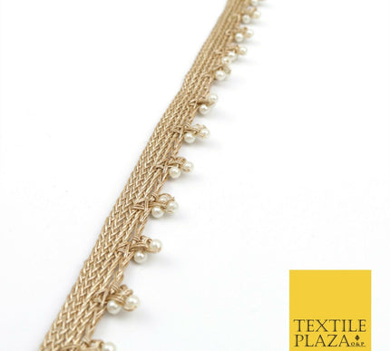 Light Gold White Pearl Trio Knot Beaded Ribbon Trim Border Indian Ethnic (X191)