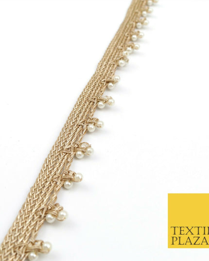 Light Gold White Pearl Trio Knot Beaded Ribbon Trim Border Indian Ethnic (X191)