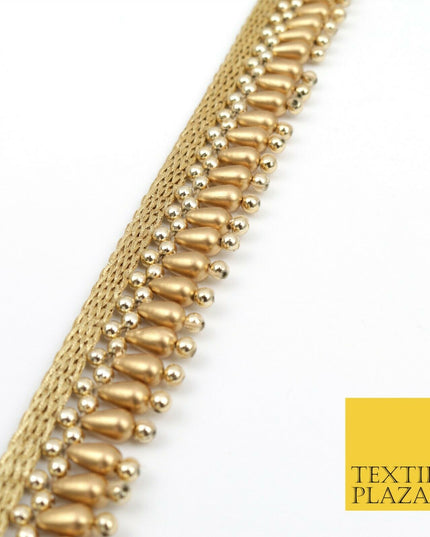 Antique Gold Pearl Teardrop Beaded Ribbon Trim Border Indian Ethnic (X185)