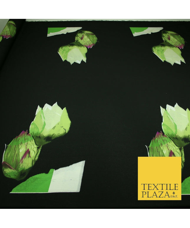 Black Green Flower 'Front Back Blouse' Printed Crepe Polyester Dress Fabric 2828