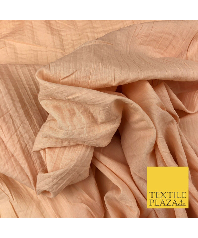 PEACH Creased Crinkle Cotton Fabric Material - Crushed Craft Dress 55" 1269