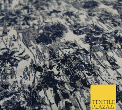 NAVY BLUE GREY Luxury Rainstorm Textured Brocade Jacquard Dress Fabric 1672