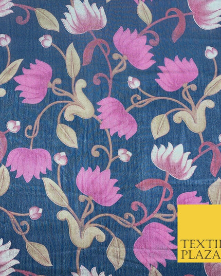 NAVY BLUE Floral Lotus Premium Printed Sheen Georgette Dress Fabric Drape 1669