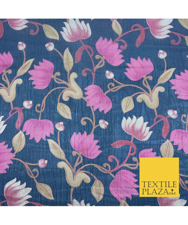 NAVY BLUE Floral Lotus Premium Printed Sheen Georgette Dress Fabric Drape 1669
