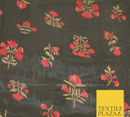 BLACK Floral Petunia Premium Printed Sheen Georgette Dress Fabric Drape 1668