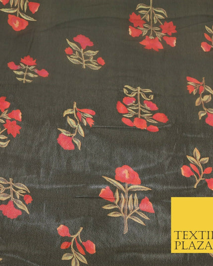 BLACK Floral Petunia Premium Printed Sheen Georgette Dress Fabric Drape 1668