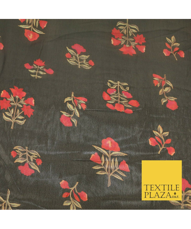 BLACK Floral Petunia Premium Printed Sheen Georgette Dress Fabric Drape 1668