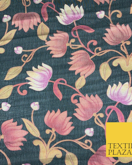 BLACK Floral Lotus Premium Printed Sheen Georgette Dress Fabric Drape 1670