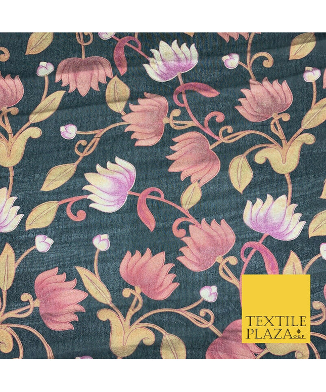 BLACK Floral Lotus Premium Printed Sheen Georgette Dress Fabric Drape 1670