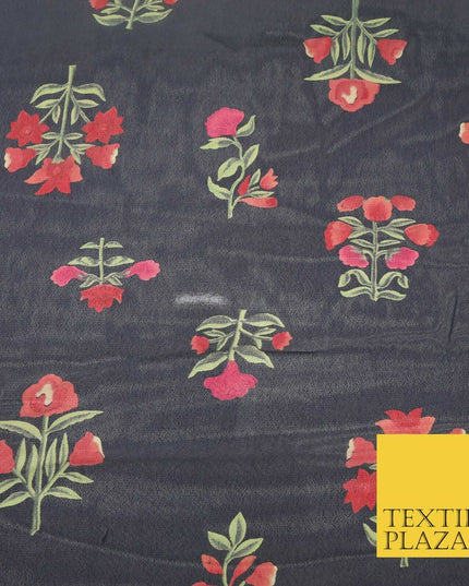 NAVY BLUE Floral Petunia Premium Printed Sheen Georgette Dress Fabric Drape 1667