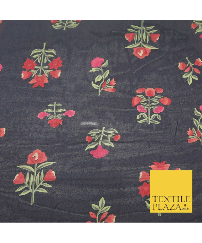 NAVY BLUE Floral Petunia Premium Printed Sheen Georgette Dress Fabric Drape 1667