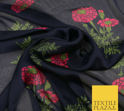 NAVY BLUE Floral Marigold Premium Printed Sheen Georgette Dress Fabric Drape1665