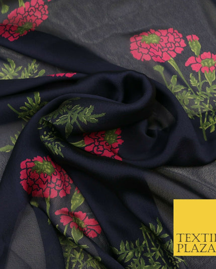 NAVY BLUE Floral Marigold Premium Printed Sheen Georgette Dress Fabric Drape1665