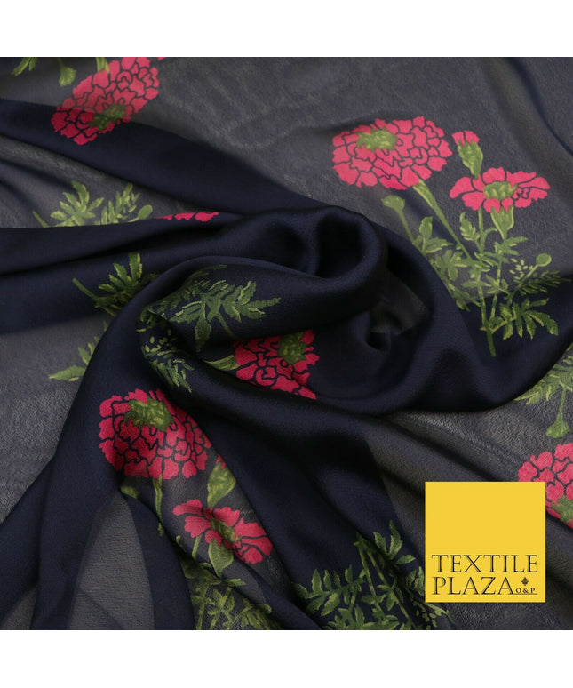 NAVY BLUE Floral Marigold Premium Printed Sheen Georgette Dress Fabric Drape1665