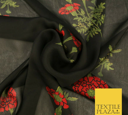 BLACK Floral Marigold Premium Printed Sheen Georgette Dress Fabric Drape 1666