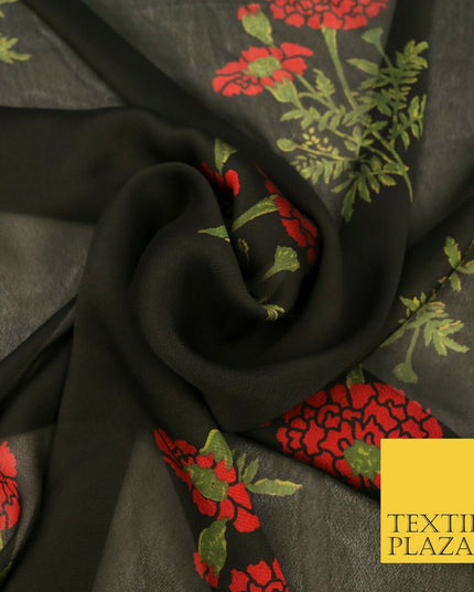 BLACK Floral Marigold Premium Printed Sheen Georgette Dress Fabric Drape 1666