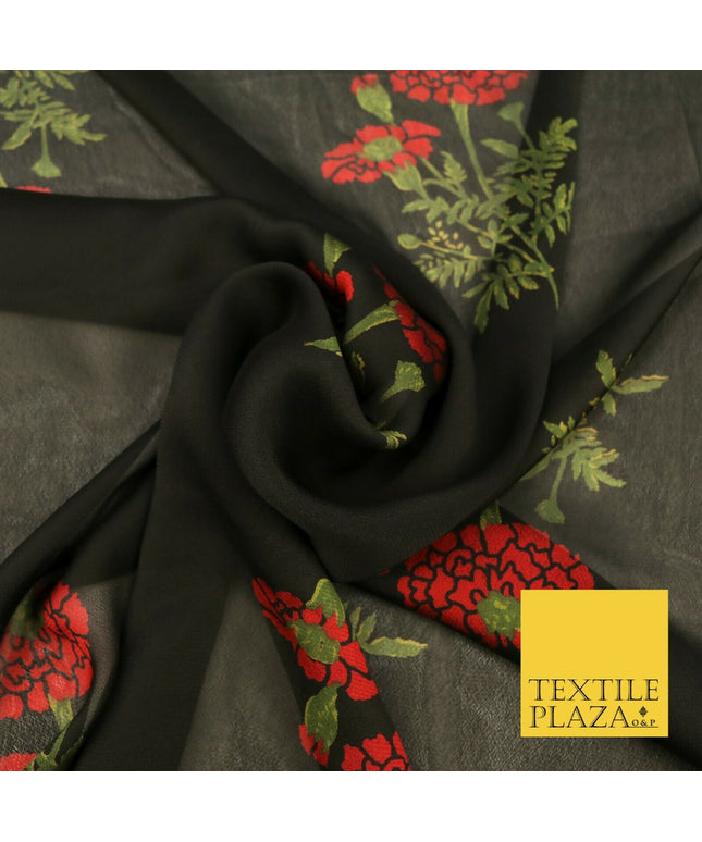 BLACK Floral Marigold Premium Printed Sheen Georgette Dress Fabric Drape 1666