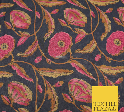 NAVY BLUE Floral Stem Premium Printed Sheen Georgette Dress Fabric Drape 1664