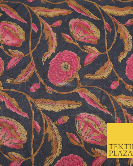 NAVY BLUE Floral Stem Premium Printed Sheen Georgette Dress Fabric Drape 1664