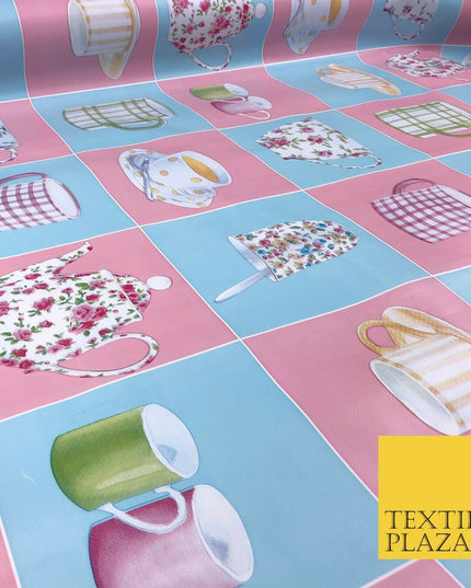 Blue Pink Tea Party Cup Mug Pot PVC VINYL Tablecloth Oilcloth Wipe Clean 1264